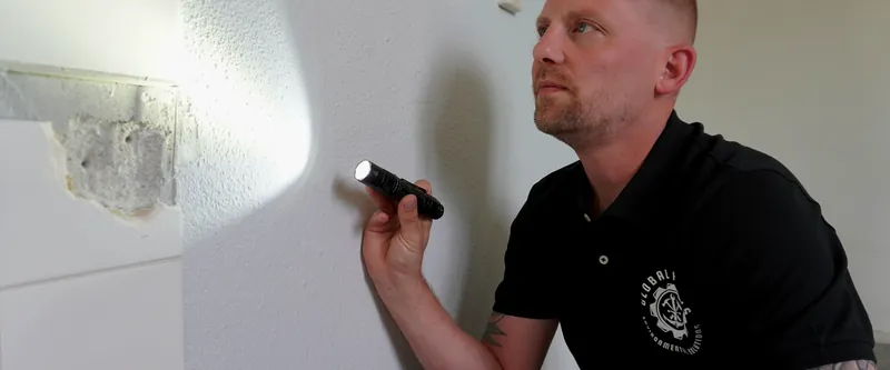 Medewerker onderzoekt met een zaklamp een wand, met links een beschadigde plek in het wandoppervlak